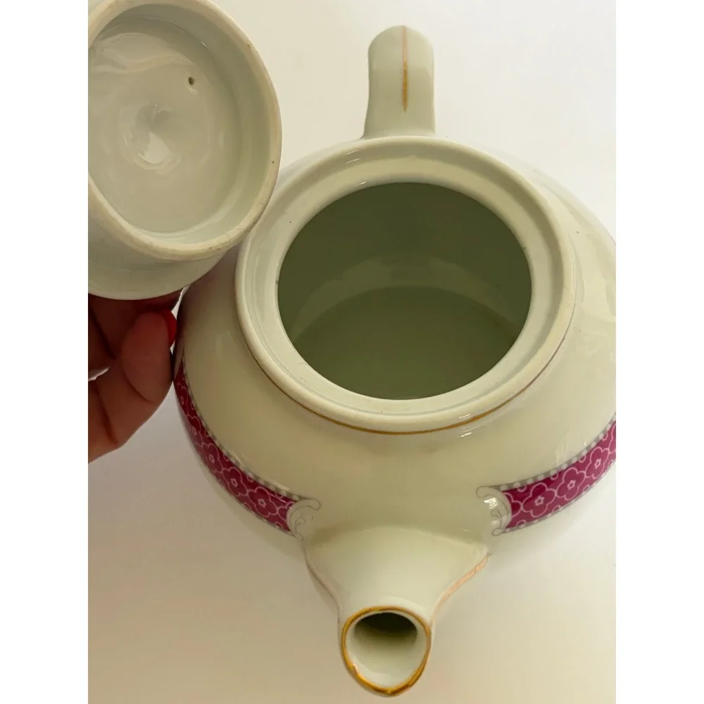 Vintage Pink Floral Teapot Flat Lid Gold Trim Cottagecore Shabby Chic Country